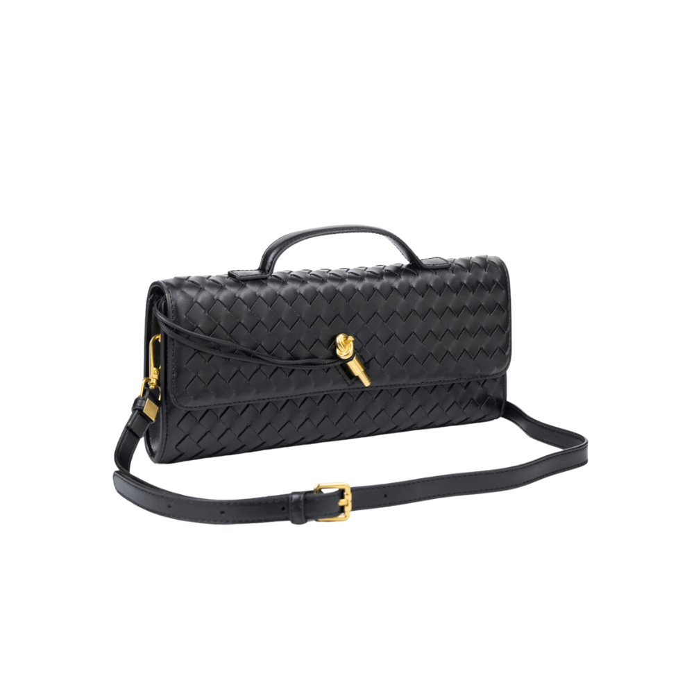 Black Woven Twist-Lock Handbag with Top Handle
