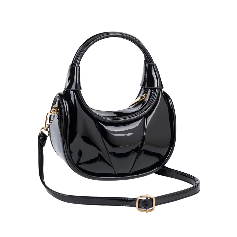 Black Glossy Mini Hobo Handbag with Adjustable Strap
