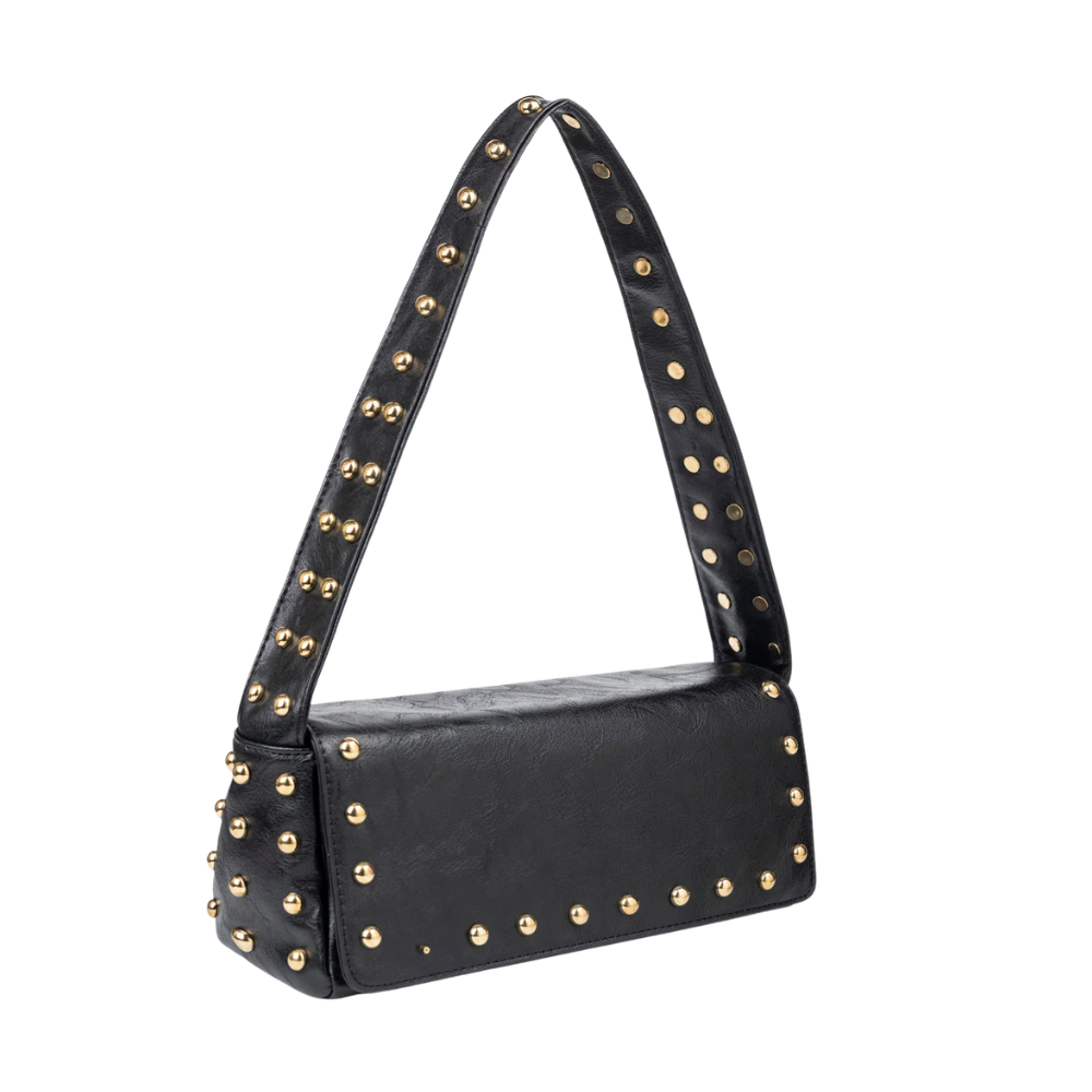 Black Studded Handle Handbag with Zip Closure