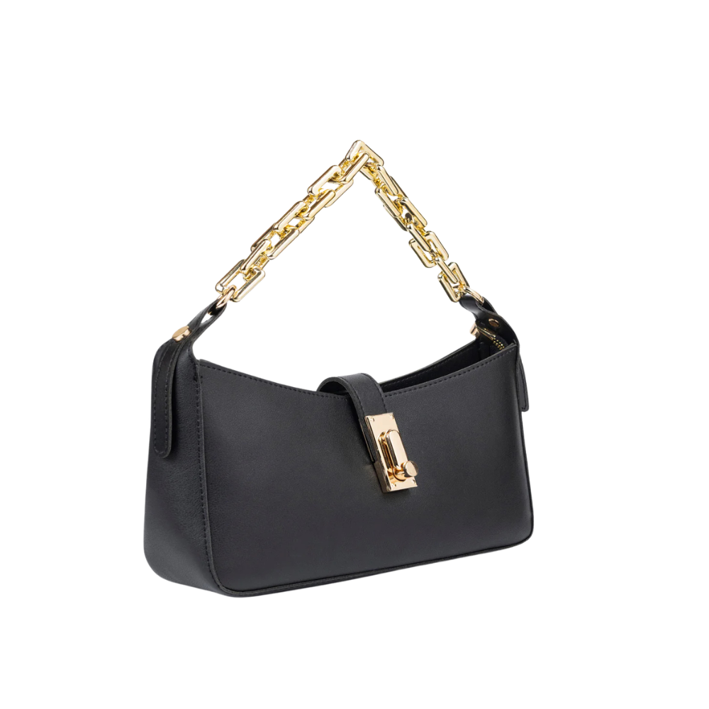 Black Twist Lock Flap Handbag with Chain Handle