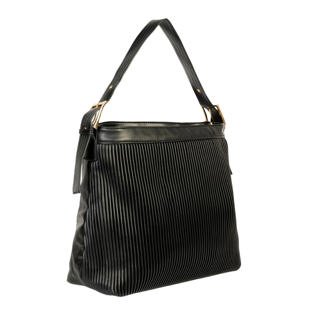 Black Pleated Textured Zip Tote Bag