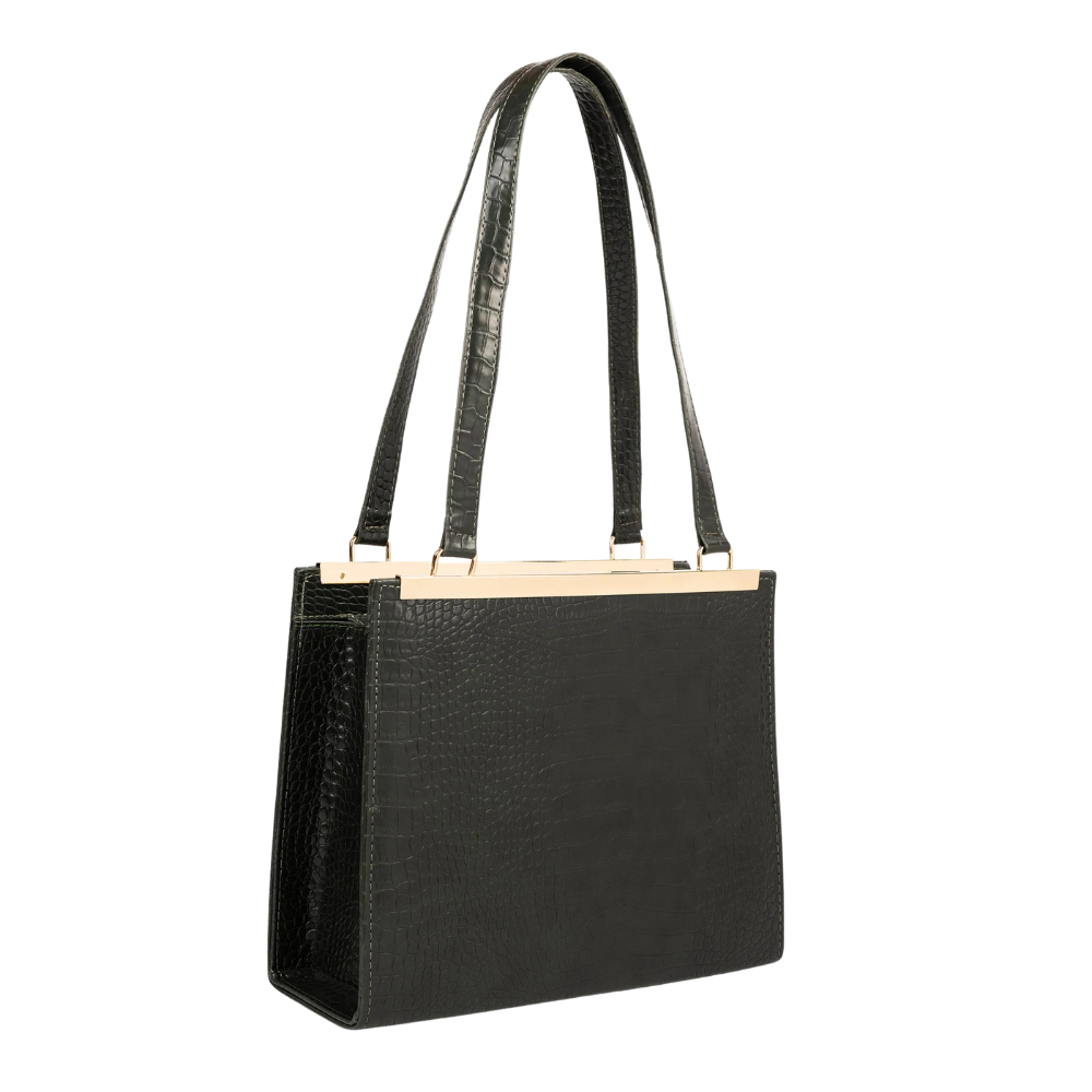 Green Textured Zip Tote Bag with Shoulder Strap